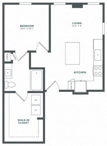 Floor plan for 1 bed, 1 bath, 614 sqft